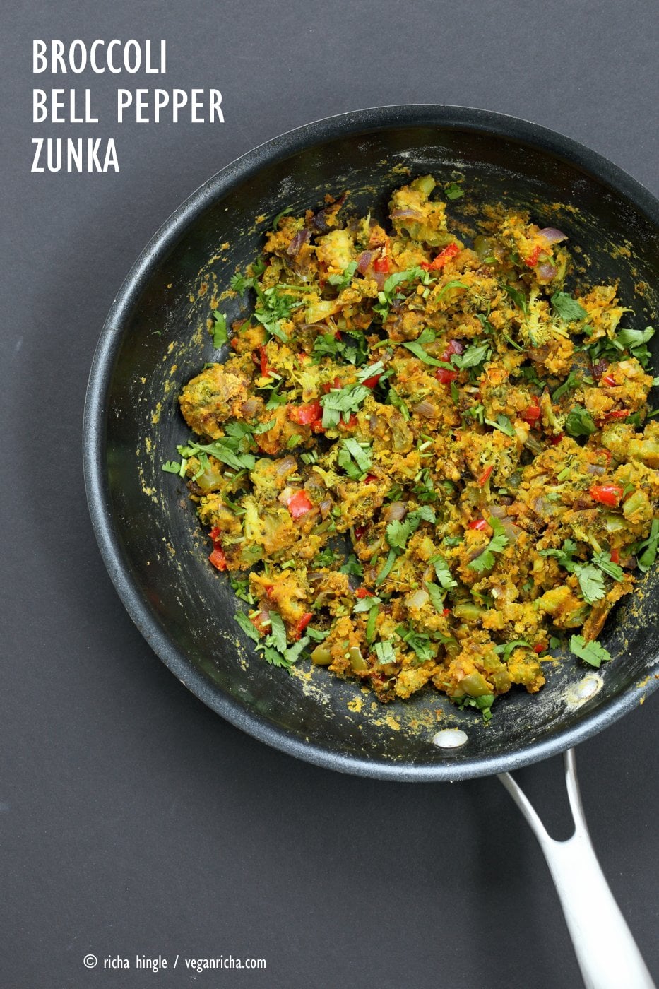Broccoli Zunka Recipe - Broccoli & Bell Pepper with Spices, Chickpea flour. Broccoli Subzi Indian Veggie Side Recipe. Use spices of choice. Vegan Gluten-free Soy-free Recipe | VeganRicha.com