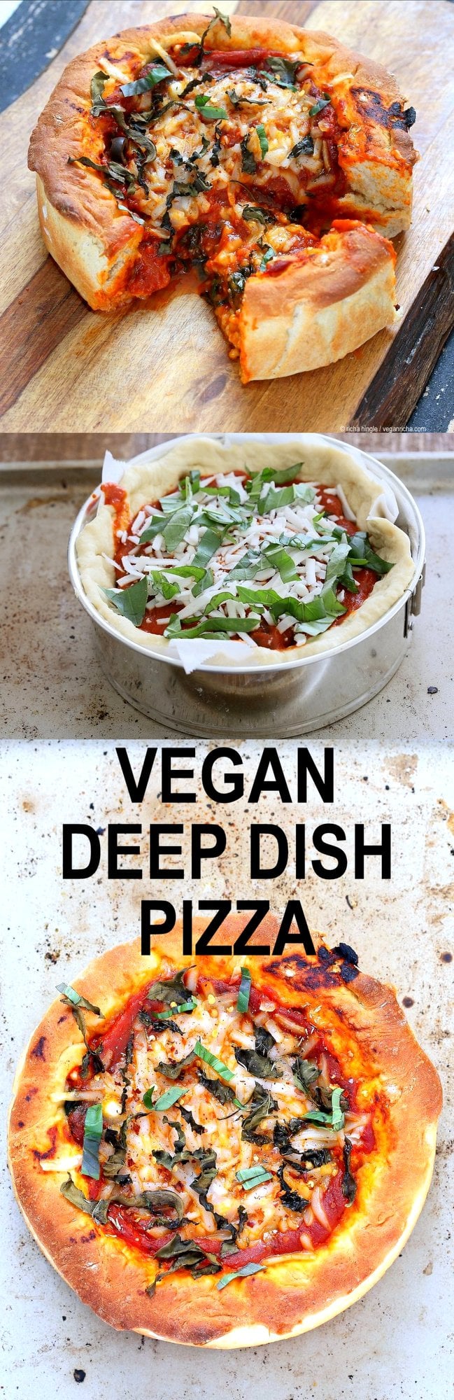Vegan Deep Dish Pizza Recipe. Easy Deep Dish Pizza with from scratch crust, red pepper, spinach, vegan mozzarella and basil. Vegan Pizza Recipe with homemade 20 Minute Deep Dish Pizza Crust, almost no knead | VeganRicha.com