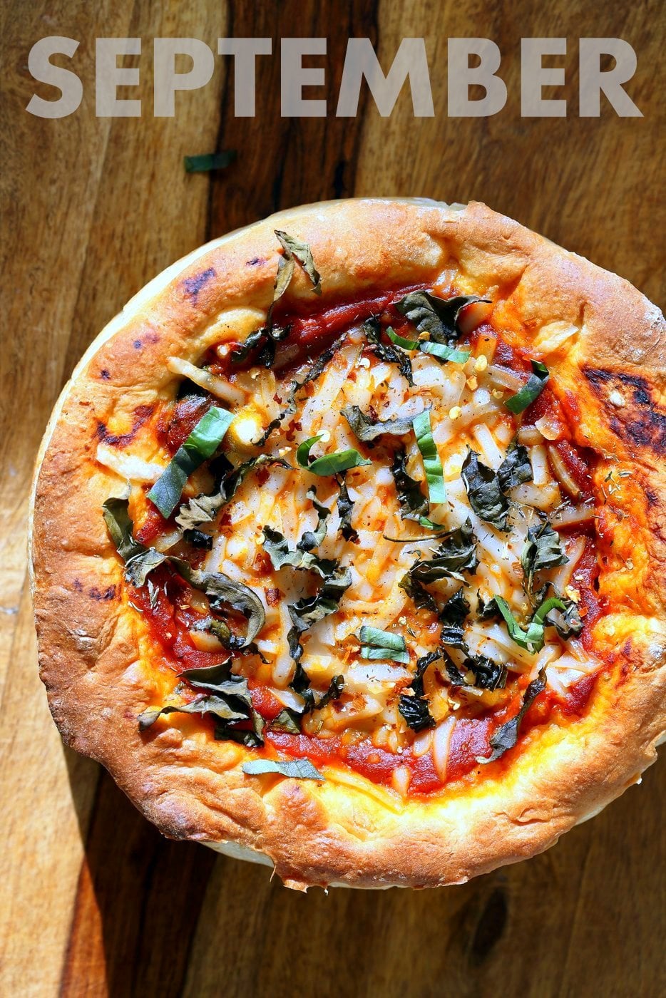 Vegan Deep Dish Pizza Recipe. Easy Deep Dish Pizza with from scratch crust, red pepper, spinach, vegan mozzarella and basil. Vegan Pizza Recipe. | VeganRicha.com