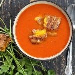 Indian Spiced Tomato Soup. Clear your sinuses tomato soup to warm you up in fall. Easy homemade vegan tomato soup seasoned with cumin, coriander and Turmeric. Vegan gluten-free Soy-free Recipe. | VeganRicha.com #glutenfree #veganricha #vegan