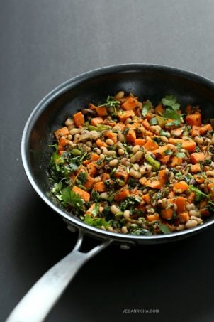 Bring in the new year with this plentiful Black eyed pea and Sweet Potato Hash with Harissa Spice. Ready in 20 minutes. Serve over toast with a creamy dressing or avocado. Vegan Gluten-free Soy-free Recipe