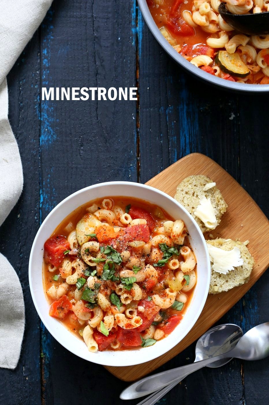 Vegan Minestrone - White Bean Soup with Elbows, Veggies, Basil and vegan parmesan. Can be gluten-free, nut-free. Soy-free Vegan Dairy-free Recipe | VeganRicha.com