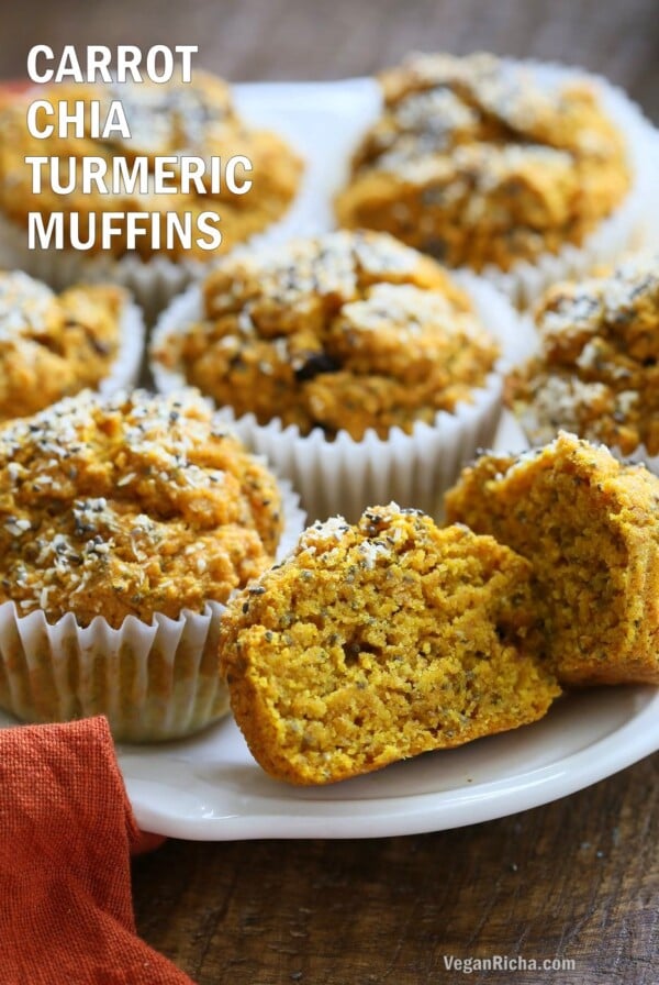 Turmeric Carrot Muffins. These sunshine muffins have carrots, dry or fresh turmeric, fresh ginger and chia seeds. Coconut rounds up the flavor for a caramelized carrot ginger turmeric profile. Add nuts or dried fruit of choice to these Turmeric muffins. No added sugar or oil needed. Vegan Soyfree Nut-free Recipe | VeganRicha.com
