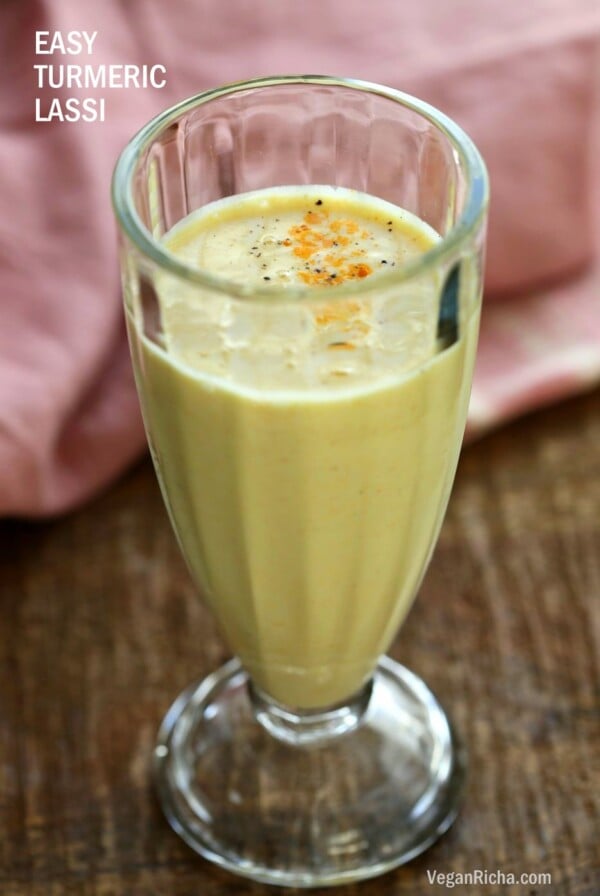 Turmeric Lassi - Golden Yogurt Drink. Lassi is a yogurt based drink served as a beverage in India. This version uses turmeric, black pepper and ginger for a cooling Lassi. Vegan Gluten-free Recipe | VeganRicha.com