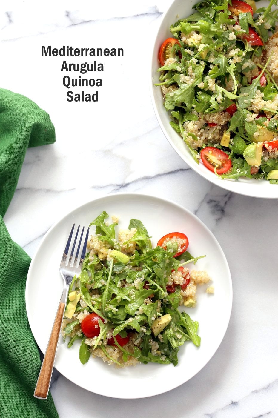Vegan Mediterranean Quinoa Salad with Arugula, Avocado and Lemon Oregano Olive oil dressing. The Lemon Garlic Dressing brightens up this Summery Quinoa Salad. Perfect to make ahead and serve at Picnics. Vegan Gluten-free, Nut-free Soy-free Recipe | VeganRicha.com