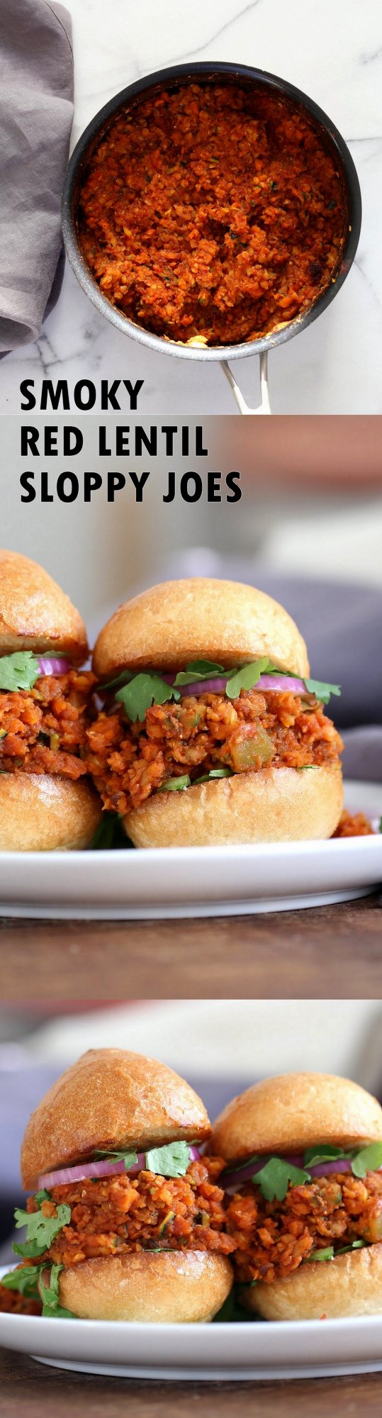 Smoky Vegan Sloppy Joes with Cajun Spices. Easy Red Lentil Carrot Zucchini Sloppy mix. Serve between soft buns, dinner rolls, pita pockets or tacos. Vegan Nut-free Recipe. Soy free option. Easily Gluten-free. | VeganRicha.com