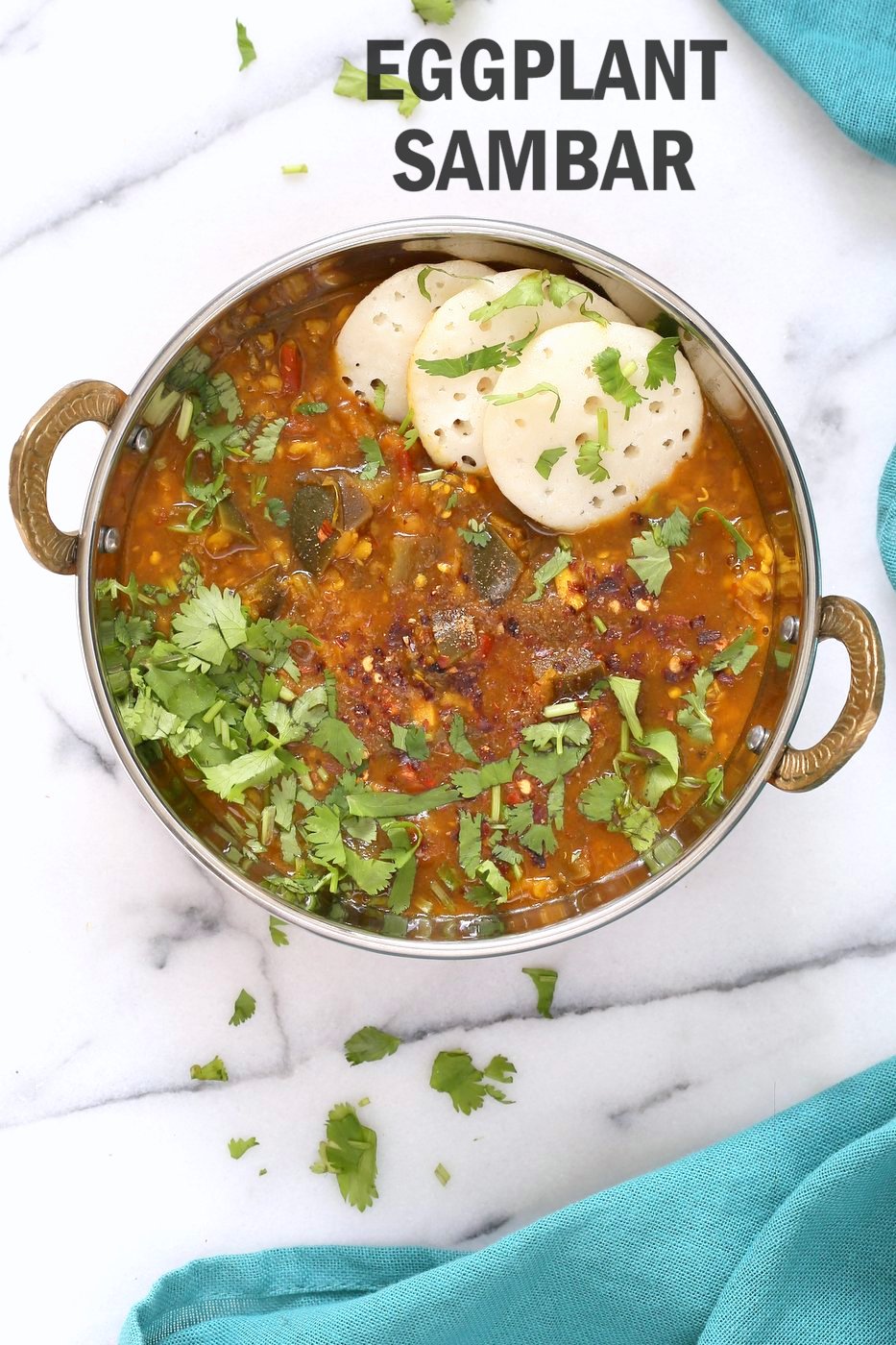 Eggplant Sambar Recipe - Indian Yellow Lentil Tamarind Dal. Toor Dal Sambar with Eggplant or other seasonal veggies. Instant Pot or Saucepan Vegan Gluten-free Soy-free Nut-free Recipe | VeganRicha.com
