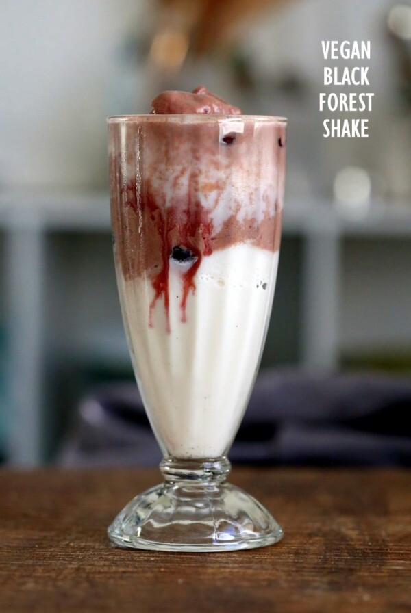Black Forest Shake. Summer Ice cream shake with layers of vanilla and chocolate shake with cherry compote. Vegan Gluten-free Recipe. Can be nut-free. | VeganRicha.com