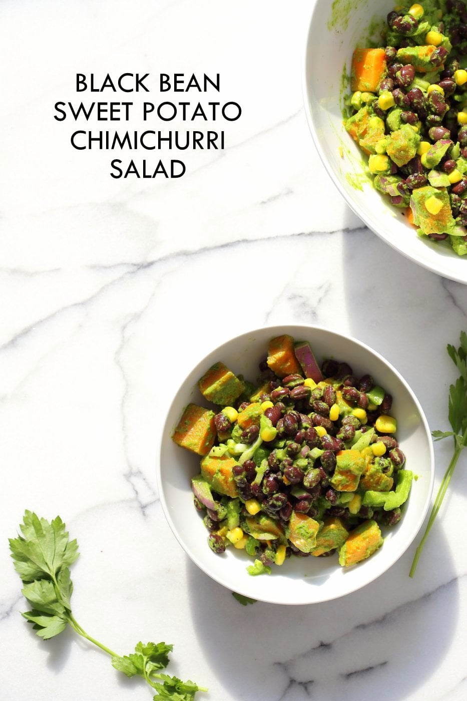 30 Minute Summer Black Bean Salad with Sweet Potato, Corn, Peppers and Chimichurri Dressing. Vegan Gluten-free Nut-free Soy-free Recipe | VeganRicha.com
