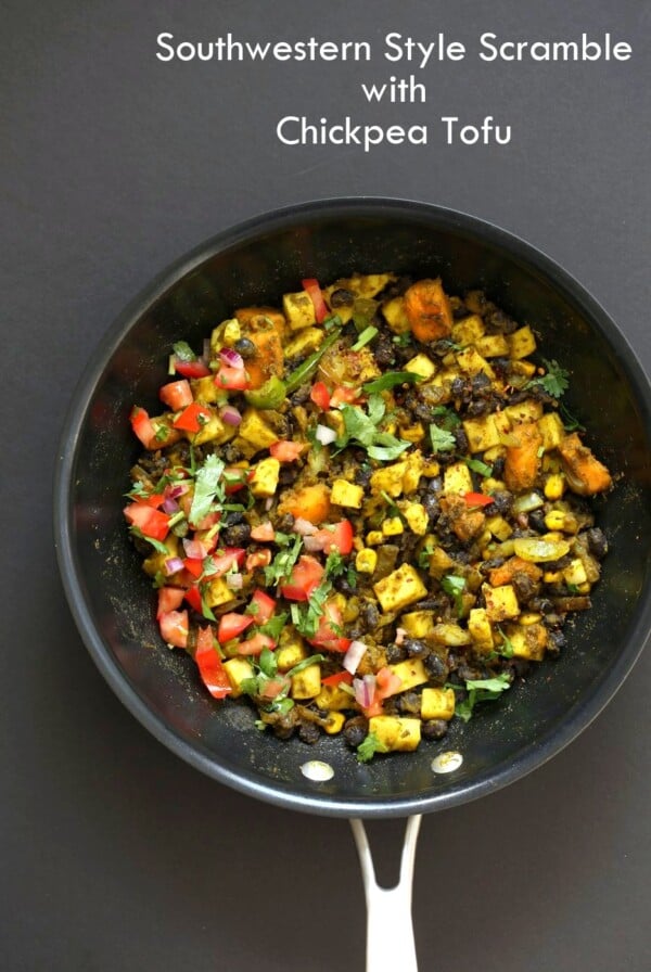 Southwestern Tofu Scramble with Chickpea Tofu. Scrambled Tofu without Soy tofu! Soy-free Breakfast Scramble with Black beans, Veggies, Sweet Potatoes, Spices, Chickpea flour Tofu. Double Protein Savory Vegan Breakfast. Gluten-free Soy-free Nut-freeย | VeganRicha.com