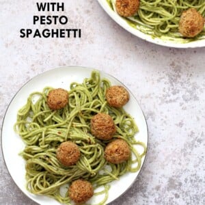 Amazing Pesto Spaghetti with Vegan Meatballs made with Chickpeas. Vegetarian Chickpea Walnut "meatballs" over pesto pasta. Ready in 40 Minutes. Vegan Soyfree Recipe. Can be Glutenfree | VeganRicha.com