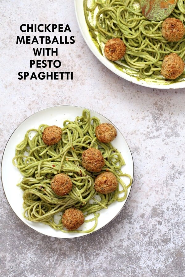 Amazingย Pesto Spaghetti with Vegan Meatballs made with Chickpeas. Vegetarian Chickpea Walnut "meatballs" over pesto pasta. Ready in 40 Minutes. Vegan Soyfree Recipe. Can be Glutenfree | VeganRicha.com