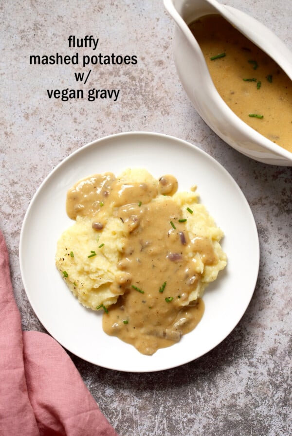 Fluffy Mashed Potatoes with Vegan Gravy - 1 Pot - Mushroom Free. Can be Nut-free, soy-free. Serve over mashed potatoes, biscuits, thanksgiving loaf and more. #Vegan #Recipe #veganricha | VeganRicha.com