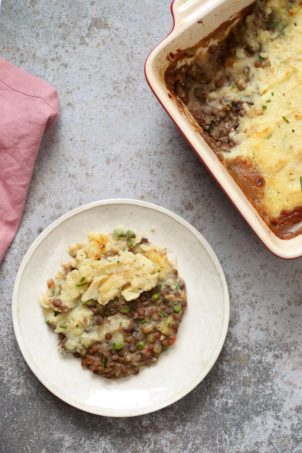 Vegan Shepherd's Pie - Mushroom and Lentil Shepherdless Pie with Gravy and Garlic mashed potatoes. #Vegan #Glutenfree #Recipe. Can be soy-free.ย #veganricha | VeganRicha.com