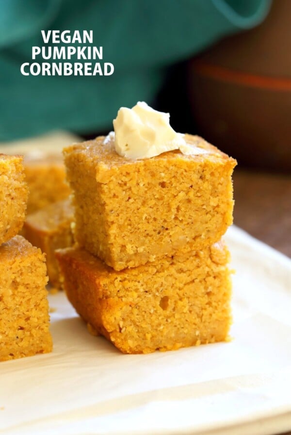 1 Bowl Vegan Pumpkin Corn bread with a few ingredients. Spiced, lightly sweet and great with soups, chilis or on its own with vegan butter and maple syrup or make sandwiches with it. #Vegan #Soyfree #Recipe.ย #veganricha | VeganRicha.com