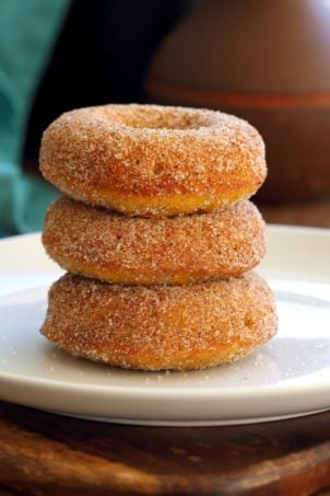 Vegan Pumpkin Donuts with Cinnamon Sugar. Soft, Spiced, Amazing. Vegan Doughnuts. Pumpkin Cinnamonย sugar Donuts. Nut-free option.ย #vegan #veganricha