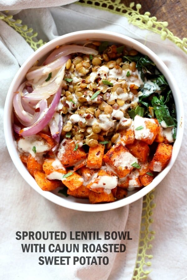 Spiced Sprouted Lentils, Cajun Roasted Sweet Potato Bowl with Veggies, Greens and Tahini Garlic Dressing. Vegan Gluten-free Soy-free Recipe. #vegan #veganricha | VeganRicha.com