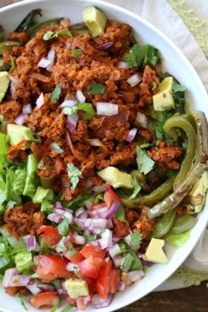 Vegan Taco Salad Bowl with Carrot Walnut Taco "Meat". Vegan Taco filling. Meatless Taco Salad. Make a wrap or tacos with it. Vegan Gluten-free Recipe.ย #vegan #glutenfree #vegantaco #veganricha | VeganRicha.com