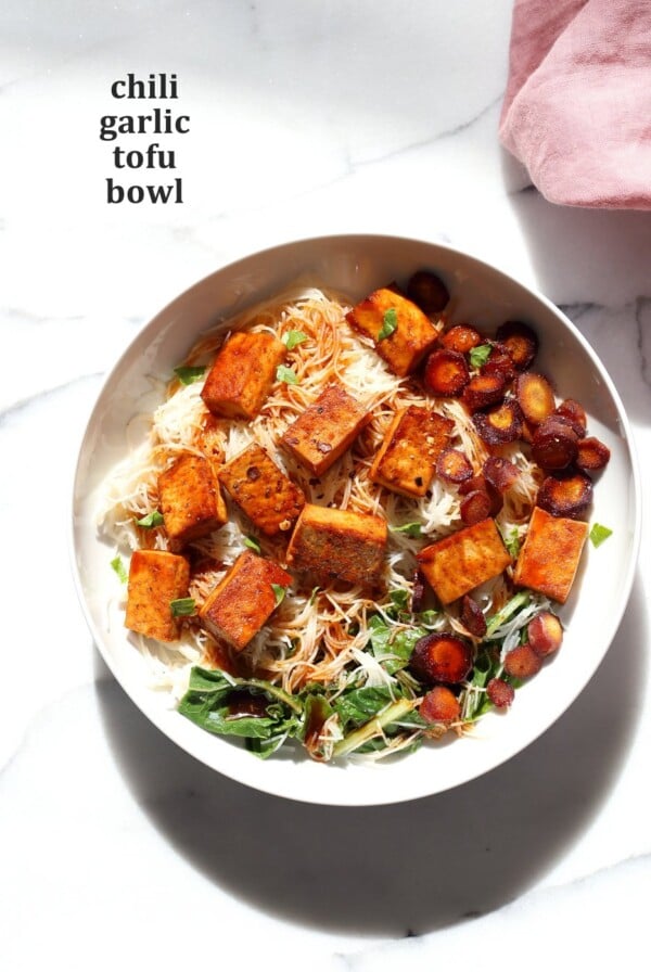 Baked Chili Garlic Tofu, Carrot, Chard and Noodle Bowls. Easy Weeknight Meal. Add some toasted cashews and other veggies of choice. #Glutenfree Nut-free #Vegan #Recipe #veganricha | VeganRicha.comย