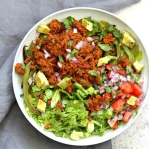Vegan Taco Salad Bowl with Carrot Walnut Taco "Meat". Vegan Taco filling. Meatless Taco Salad. Make a wrap or tacos with it. Vegan Gluten-free Recipe. #vegan #glutenfree #vegantaco #veganricha | VeganRicha.com