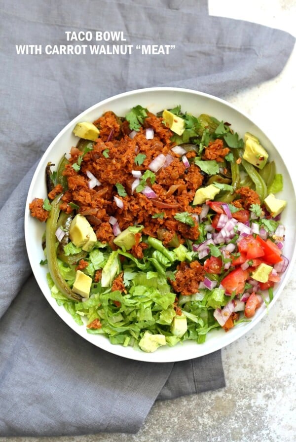 Vegan Taco Salad Bowl with Carrot Walnut Taco "Meat". Vegan Taco filling. Meatless Taco Salad. Make a wrap or tacos with it. Vegan Gluten-free Recipe.ย #vegan #glutenfree #vegantaco #veganricha | VeganRicha.com