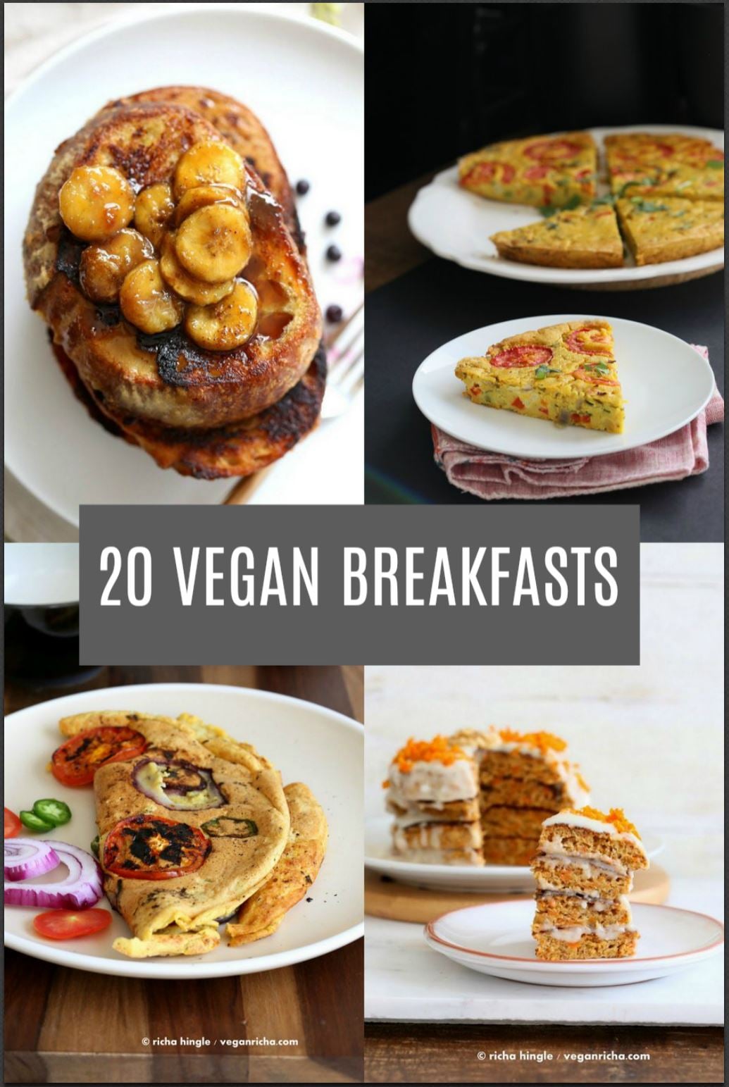 20 Delicious Vegan Breakfast Recipes. Savory and Sweet Breakfast Ideas for everyday vegan Breakfasts or brunch. Gluten-free Soy-free options.  Scrambles, Frittata, French Toasts, Pancakes, burritos, Avocado toast, donuts, chickpea omelets! something for everyone. #vegan #veganricha #veganbreakfast | VeganRicha.com