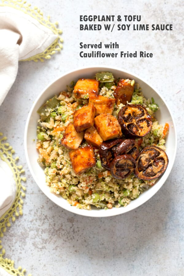 Eggplant & Tofu in Soy Lime Sauce - Baked Eggplant stir fry. Easy 1 Pot meal. Add other veggies of choice. #Vegan #Glutenfree #Nutfree #veganricha #Recipeย | VeganRicha.com