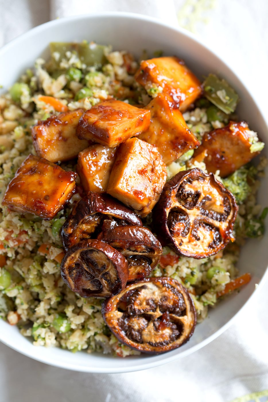 Eggplant & Tofu in Soy Lime Sauce - Baked Eggplant stir fry. Easy 1 Pot meal. Add other veggies of choice. #Vegan #Glutenfree #Nutfree #veganricha #Recipe | VeganRicha.com