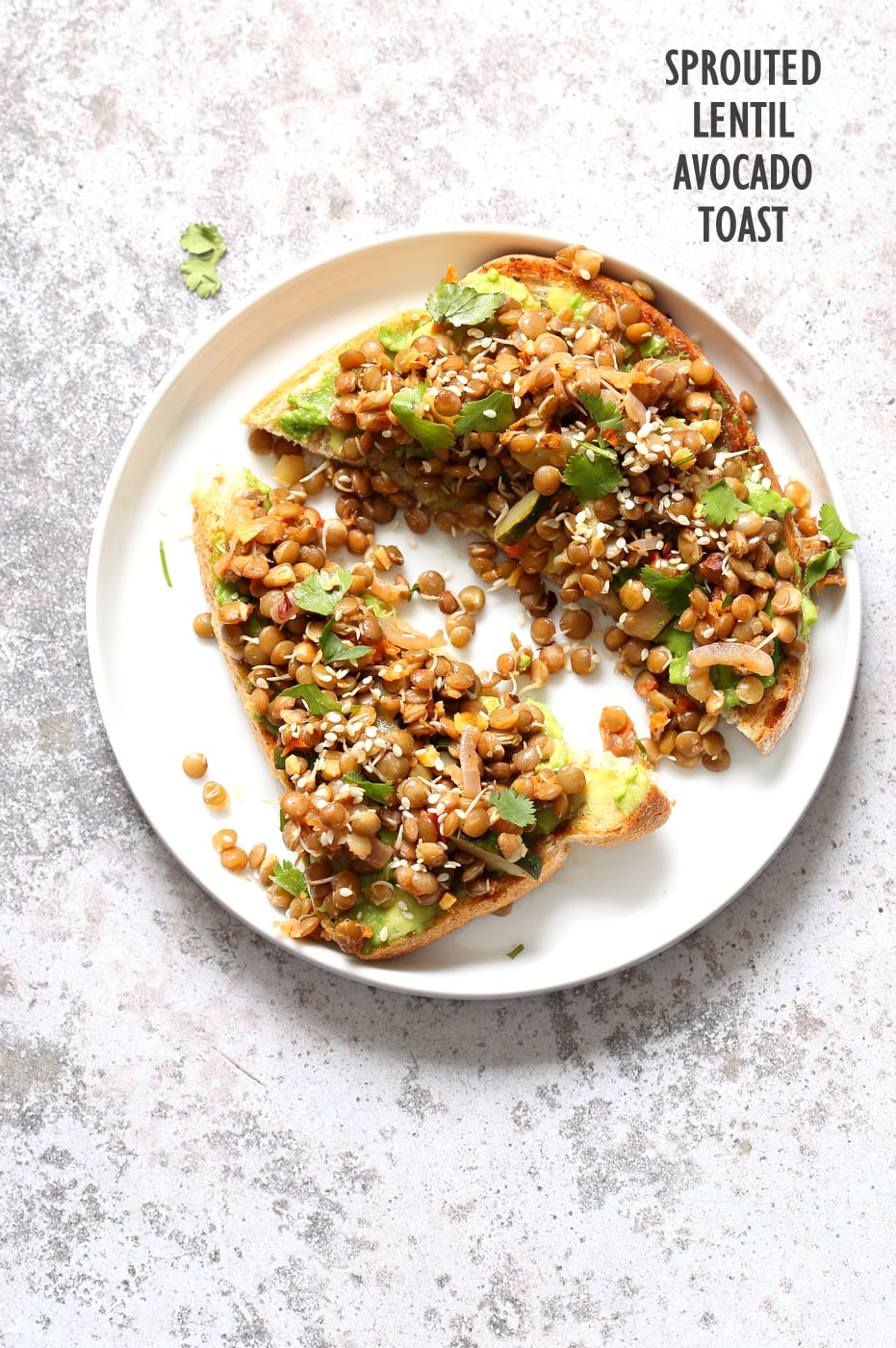 Ginger Coriander Sprouted Lentils Avocado Toast. 16 Gm Protein per serve. Sprout Lentils or Mung Beans, Lightly saute with ginger, onion and tomato and serve over Mashed Avocado Toast. #Vegan #veganricha #Nutfree #Soyfree #Recipe | VeganRicha.com