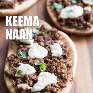 Vegan Keema Naan with Keema Lentils, onion, carrots and walnuts. These lentils with the herbs and spices make a vegan version of keema. Serve over Naan bread or Pizza or fill tacos or wraps. #Vegan #Recipe #veganricha, Can be gluten-free and soy free. | VeganRicha,com