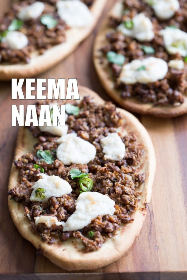 Vegan Keema Naan with Keema Lentils, onion, carrots and walnuts. These lentils with the herbs and spices make a vegan version of keema. Serve over Naan bread or Pizza or fill tacos or wraps. #Vegan #Recipe #veganricha, Can be gluten-free and soy free.ย | VeganRicha,com