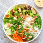 Crunchy Veggie Vegan Summer Rolls Deconstructed into a Bowl. Served with Peanut Butter Dipping Sauce. Fresh Spring Rolls/ Rice paper rolls in a bowl. Make a bowl, wrap or fill up rice paper wrappers. #Vegan #Glutenfree #Recipe #veganricha Use Sunbutter to make #nutfree | VeganRicha.com 