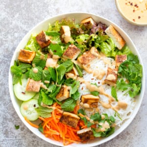 Crunchy Veggie Vegan Summer Rolls Deconstructed into a Bowl. Served with Peanut Butter Dipping Sauce. Fresh Spring Rolls/ Rice paper rolls in a bowl. Make a bowl, wrap or fill up rice paper wrappers. #Vegan #Glutenfree #Recipe #veganricha Use Sunbutter to make #nutfree | VeganRicha.com