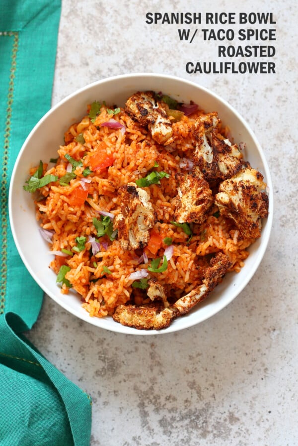 Easy Vegan Spanish Rice Bowl with Taco Roasted Cauliflower. Everyday Meal with everyday ingredients. #veganricha #Vegan #Glutenfree #Nutfree #Soyfree #Recipe | VeganRicha.comย