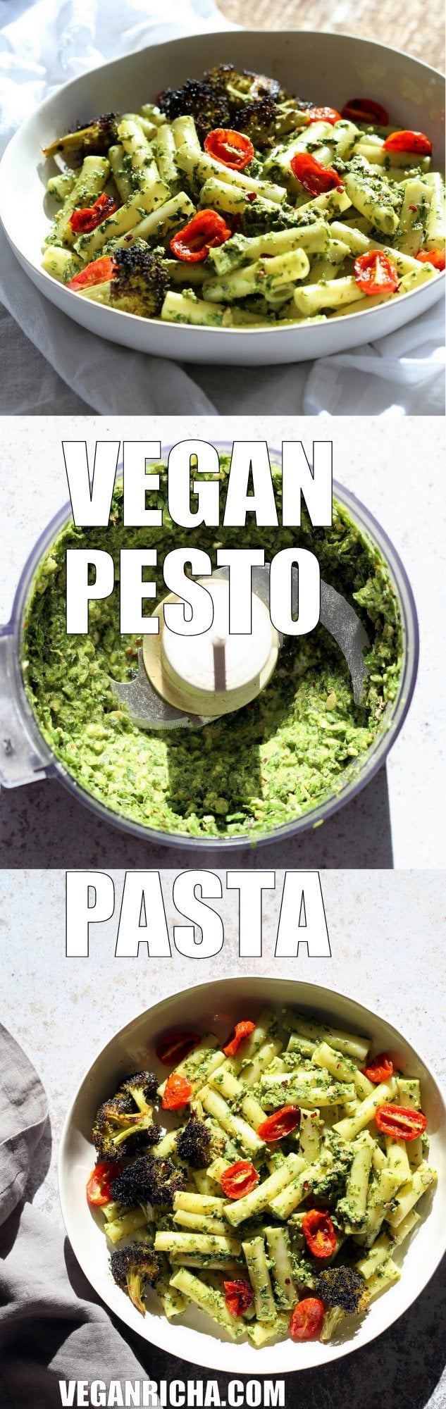 Vegan Pesto Pasta with Charred Broccoli. Easy Vegan Pesto with Ziti, served with roasted cherry tomatoes and broccoli. #Vegan #Soyfree #Recipe #VeganRicha. Can be #glutenfree and #nutfree | VeganRicha.com