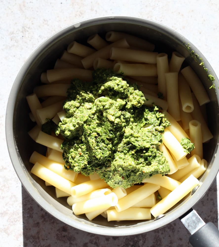 Vegan Pesto over pasta in a saucepan