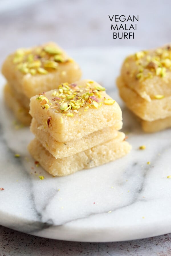 Vegan Malai Burfi (Milk Cake)- Indian Fudge Bars. Dairy free Burfi For India Festivals. #VeganRicha #Vegan #Glutenfree #Soyfree #Recipe. 