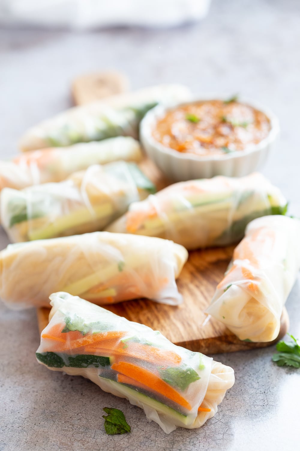 Easy Vegan Fresh Spring Rolls with Peanut Sauce. Rice paper Fresh Rolls with Marinated Tofu and Quick Peanut Dipping Sauce. #Vegan #VeganRicha #VeganSpringrolls #VeganSummerrolls Glutenfree #Recipe Can be Nutfree with Sunbutter or Sweet Chili sauce. 