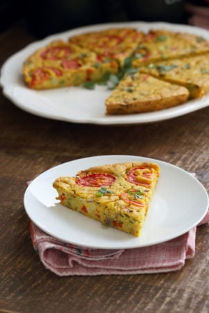Chickpea Flour Frittata - Eggless Vegan Frittata Recipe.ย This Chickpea flour frittata is filling, easy and delicious. Use the batter to make pancakes, crepes, crustless quiche. #Vegan #Glutenfree #Soyfree #Nutfree #Recipe #veganricha