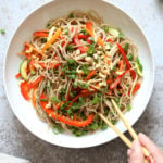 Cold Soba Noodle Salad Recipe. Noodle Salad Bowl with Peppers, Carrots, Zucchini, Green Onion and Sesame Lime Ginger Dressing. Refreshing Summer Salad. #Vegan #Nutfree. #Glutenfree Option, #SoyfreeOption #veganricha #recipe