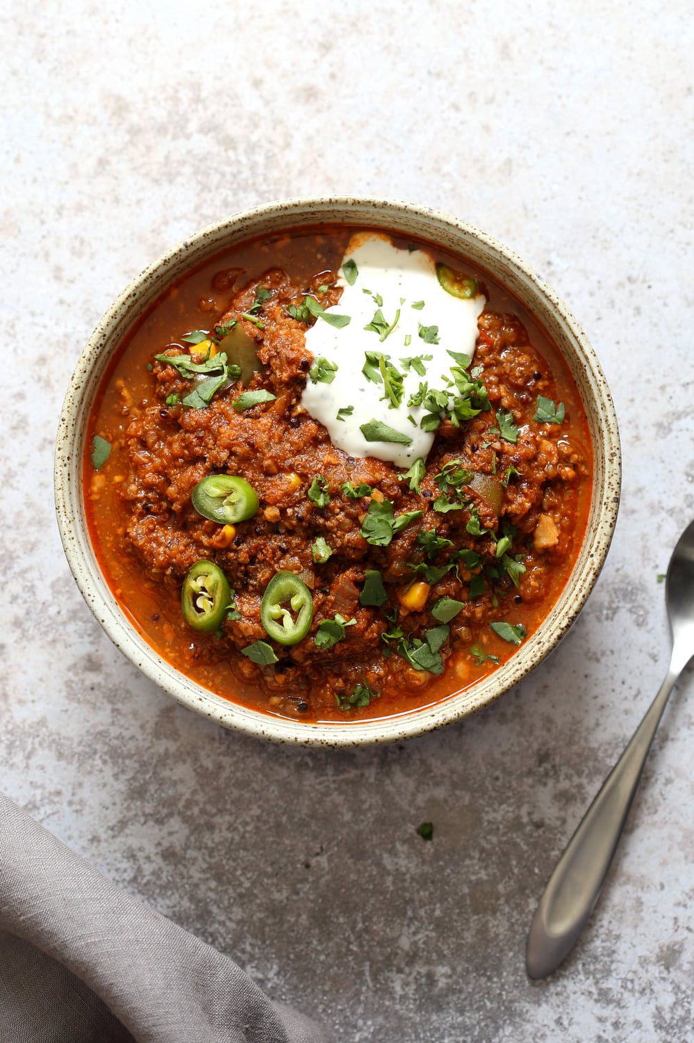Instant Pot Vegan Enchilada Soup with Quinoa, walnuts, mushrooms. Bean-free Quinoa Chili with Homemade Enchilada seasoning. Saucepan Option. #VeganRicha #Vegan #Soyfree #Glutenfree #Recipe #Nutfreeoption