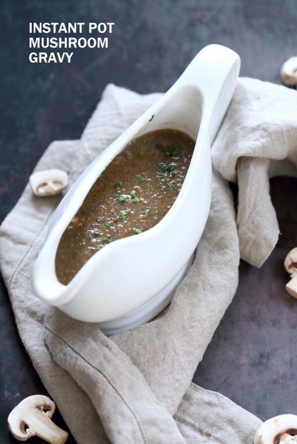 Instant Pot Vegan Mushroom Gravy. No Oil 1 Pot Gluten free Mushroom Gravy made in a pressure cooker or saucepan. Freezer friendly. 30 Mins. #Vegan #Glutenfree #Nutfree #Recipe #VeganRicha Can be soyfree.Â