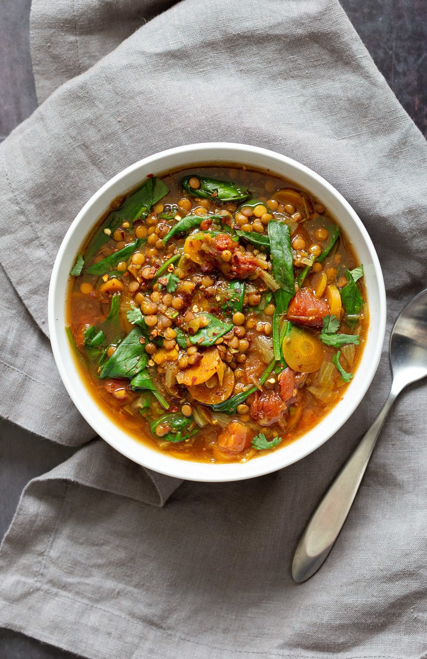 1 Pot Vegan Lentil Soup made in Instant Pot or Saucepan. This Easy Lentil Vegetable Soup is warming, comforting and so filling. 30 Minute Freezer friendly, #Glutenfree, #Soyfree, #Nutfree #Recipe #vegan #lentilsoup #veganricha | VeganRicha.com
