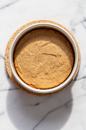Our Vegan Gluten free Vanilla Cake baked in a cake pan