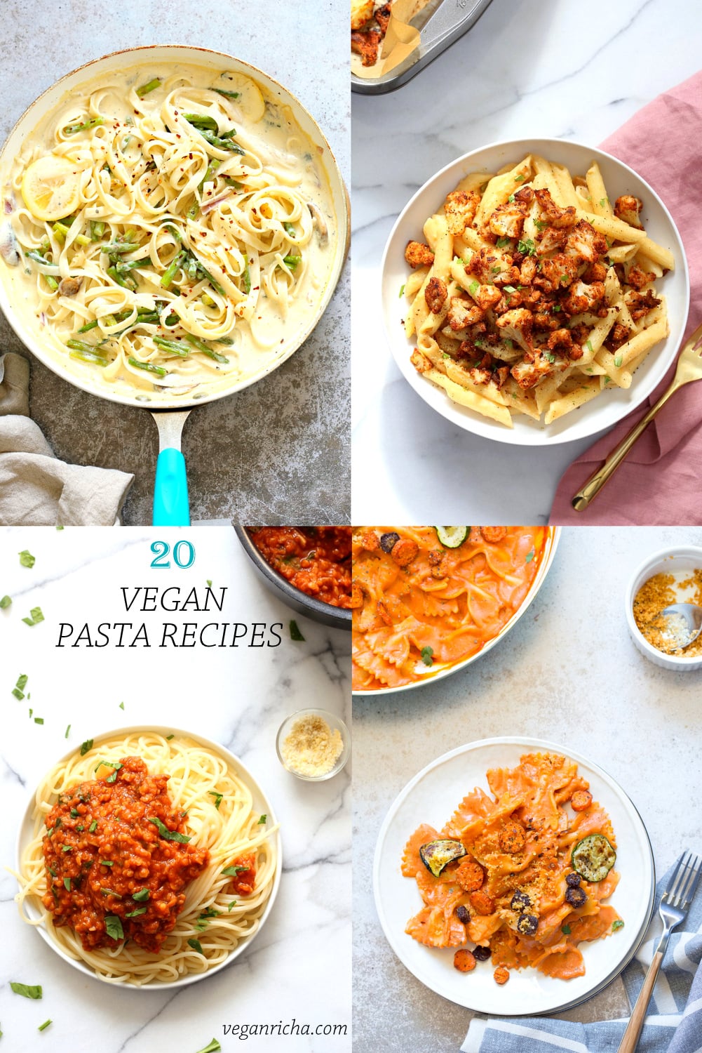 20 Vegan Pasta Recipes! Fettuccine, Spaghetti, Farfalle, Ziti with Sauces like Bolognese, Alfredo, Lemon Cream, rose sauce, pesto and more. Gluten-free, soy-free Nut-free Options #VeganRicha #VeganPasta #veganPastaRecipes #veganpastadinnersย ย