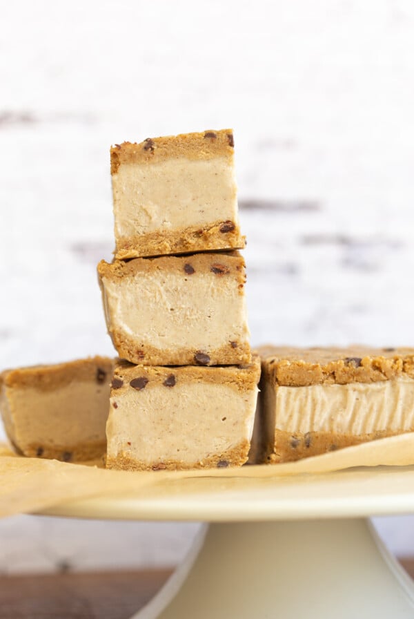 These Vegan Cookie Dough Ice Cream Sandwiches use a quick oat flour cookie dough with coconut milk vanilla ice cream base all homemade. No Baking, no ice cream machine needed. Glutenfree Soyfree Recipe.ย