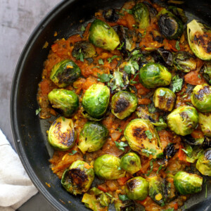 Our Curried Caramelized Brussels Sprouts in Black Skillet