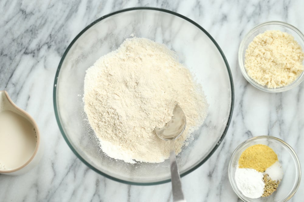 Ingredients for biscuit topping in bowls