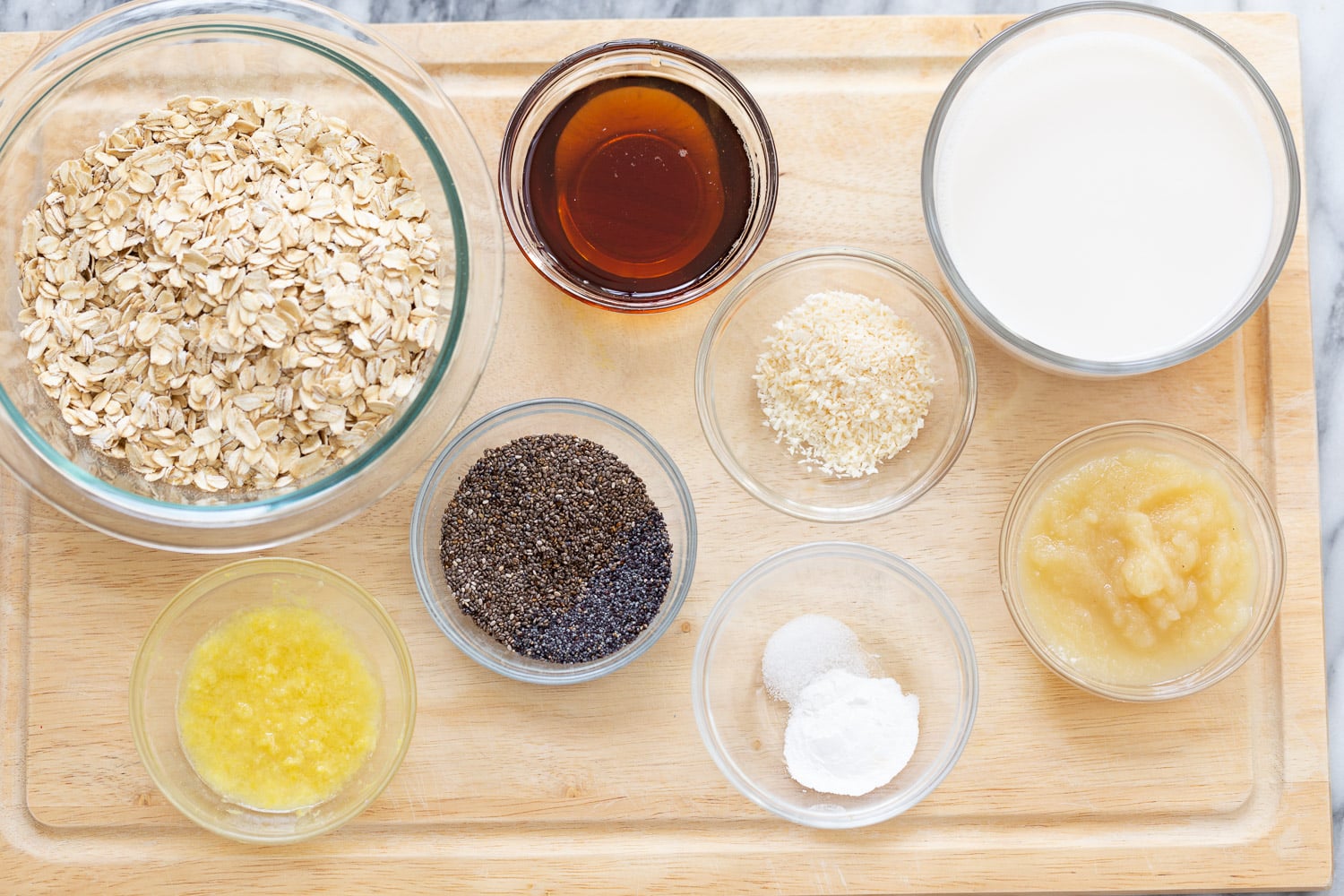 vegan baked oatmeal overhead shot of ingredients needed for making vegan baked oatmeal