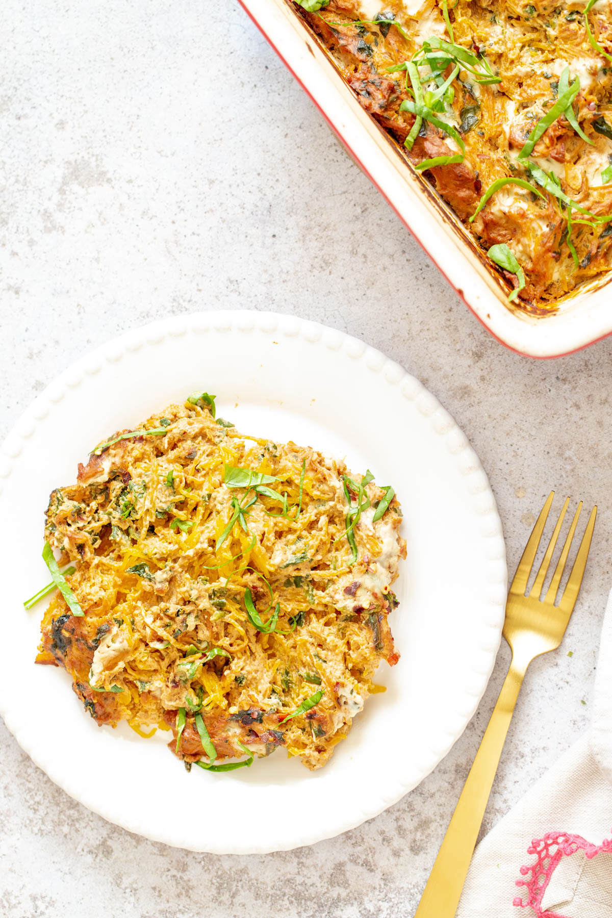 spaghetti squash bake a plate with vegan spaghetti squash bake with creamy tomato sauce